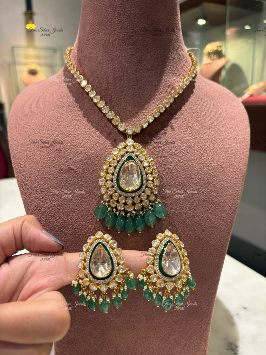 92.5 Silver Charm Polki Necklace Set