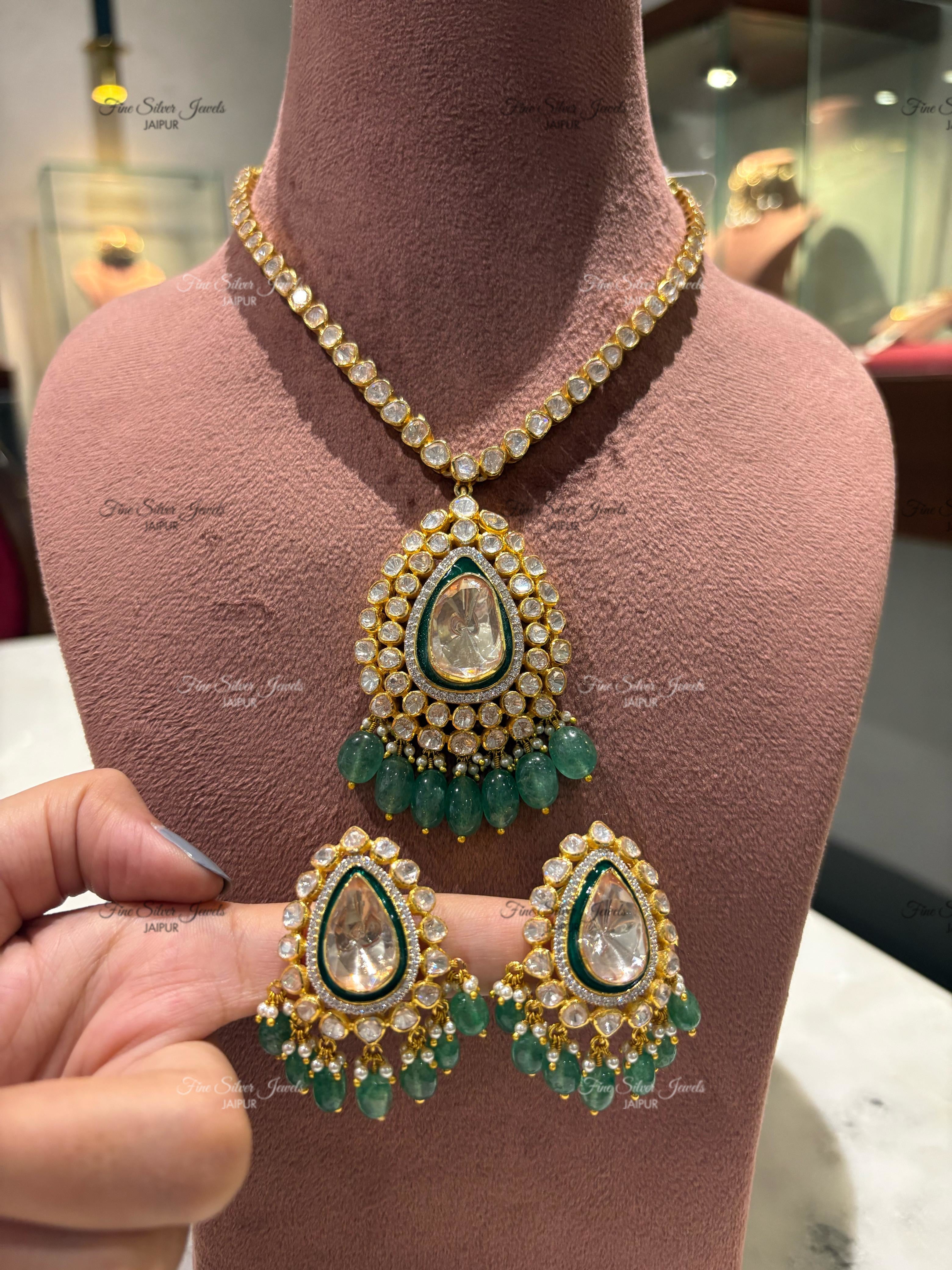 92.5 Silver Charm Polki Necklace Set