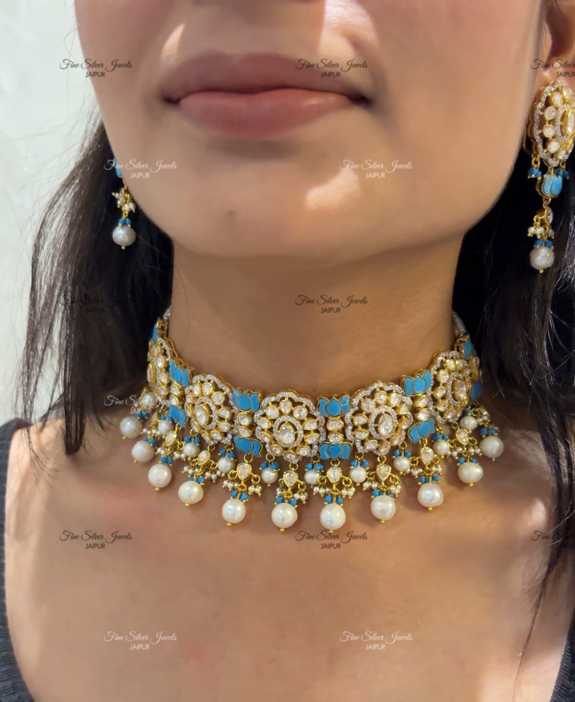 925 Silver Gulaal Polki Necklace Set
