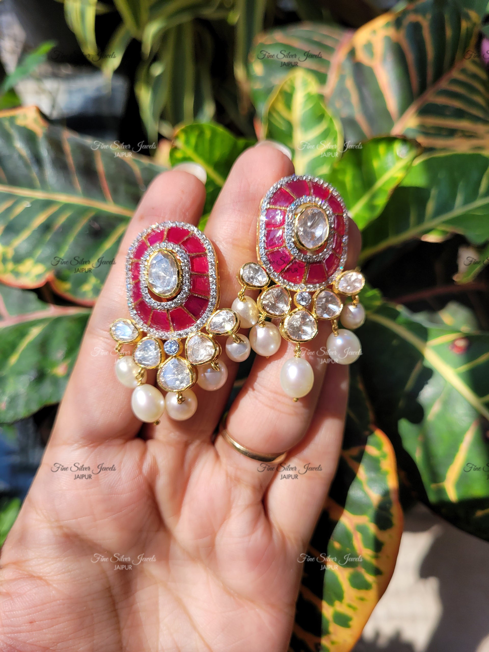 RED POLKI AND PEARL DROP EARRINGS finesilverjewels