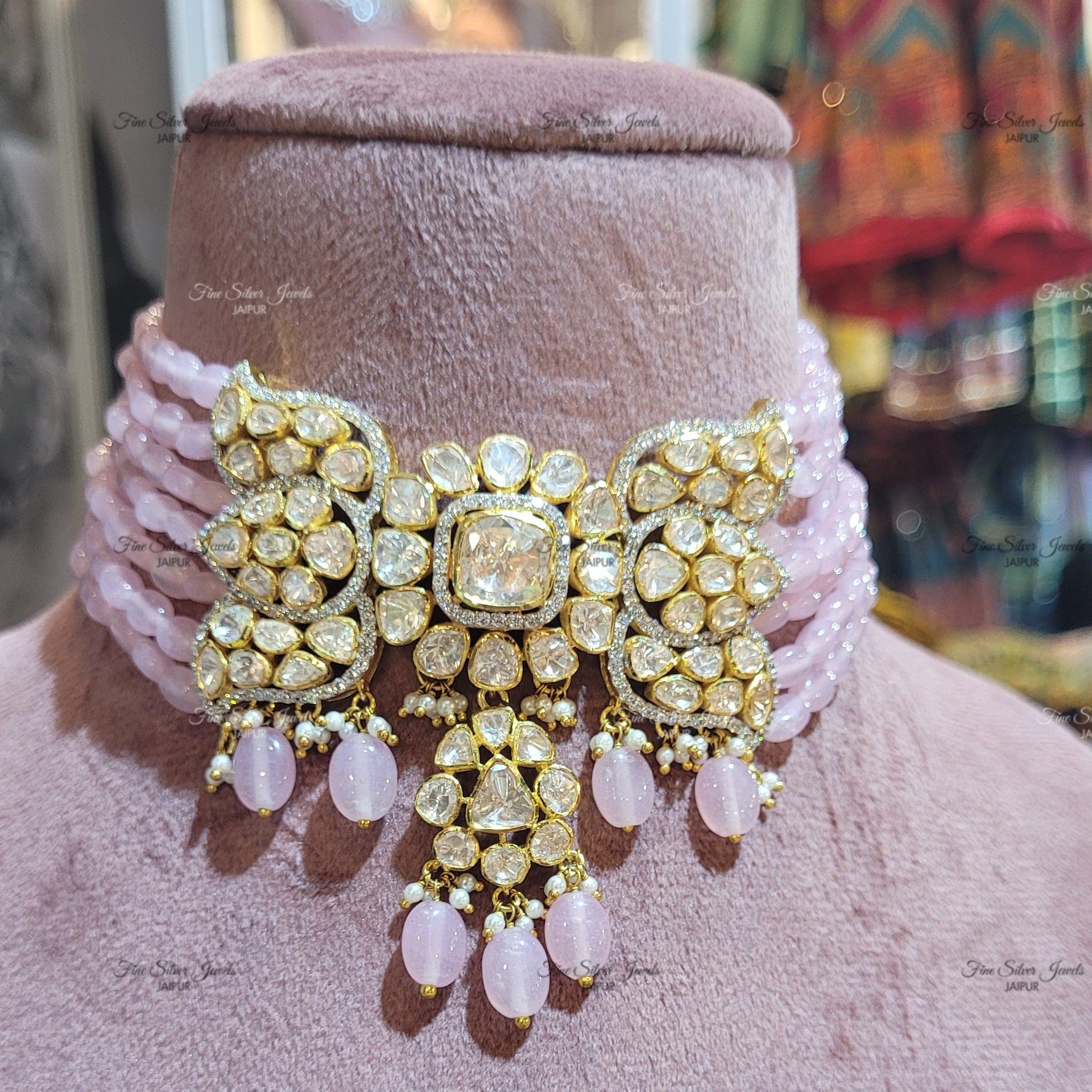 POLKI CHOKER SET WITH PINK BEADS finesilverjewels