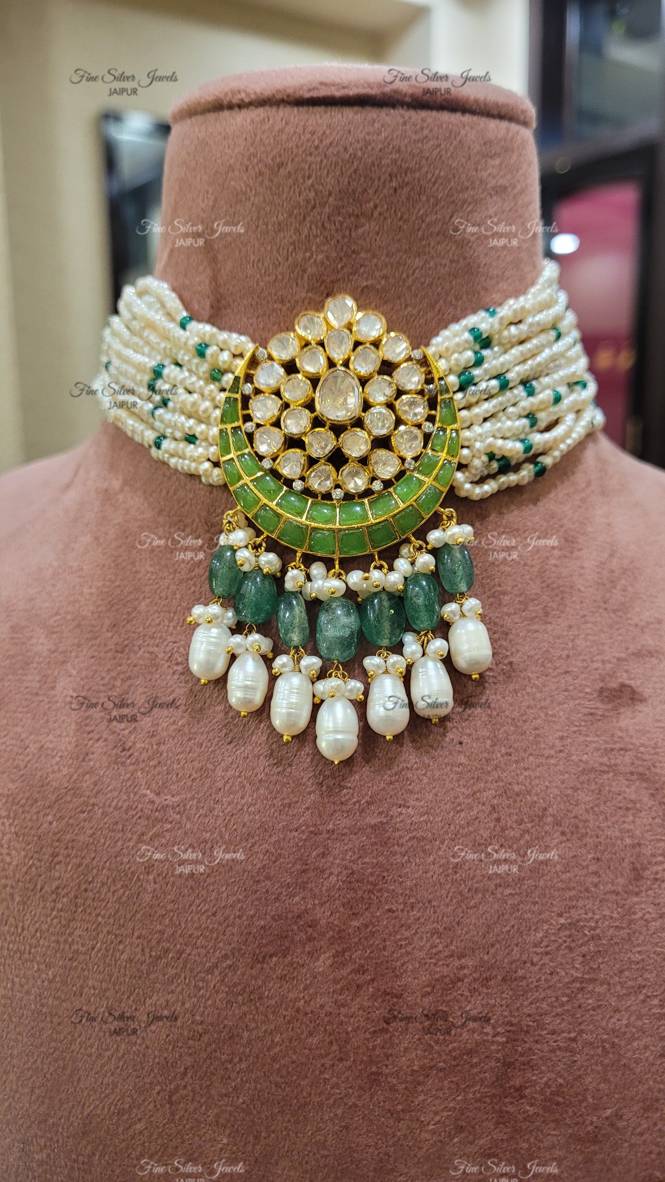 92.5 silver Kamya pearl choker in Green finesilverjewels