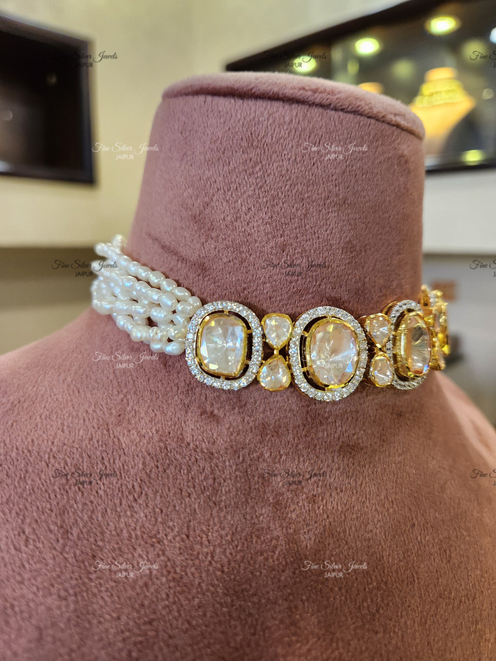 silver-juwels Buy 925Silver SINGLE LINE PEARL - POLKI NECKLACE SET Online in India | Fine Silver Jewels