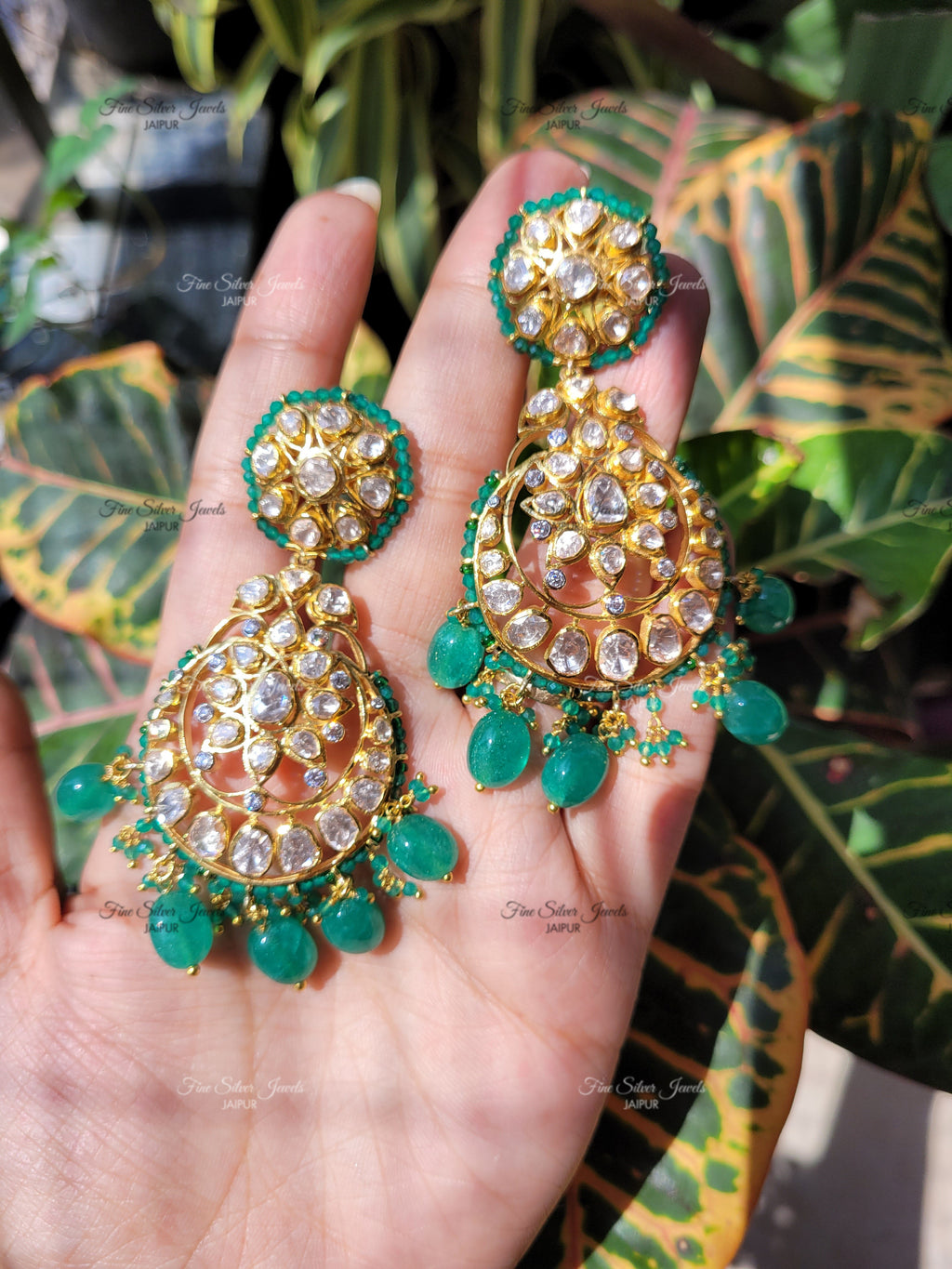 GREEN POLKI CHANDBALI finesilverjewels