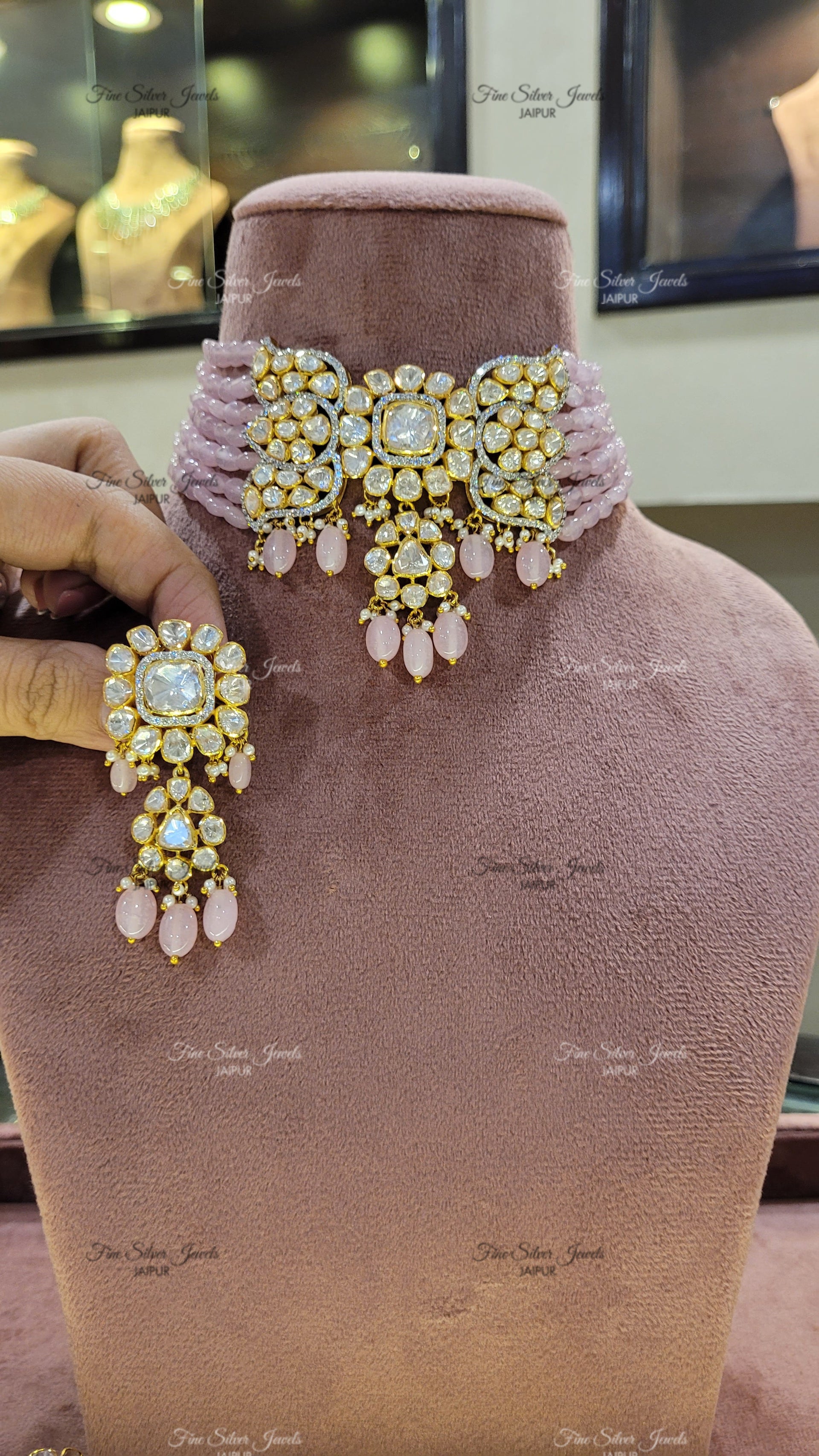 POLKI CHOKER SET WITH PINK BEADS finesilverjewels