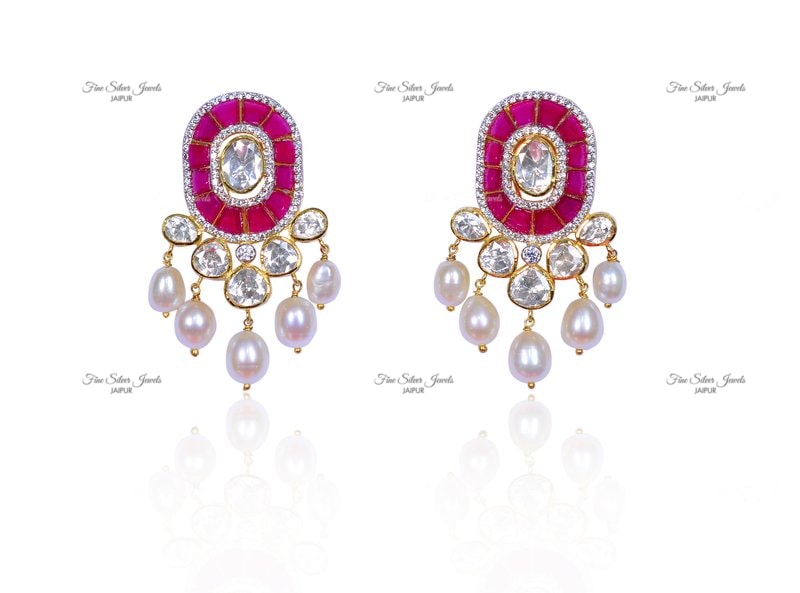 RED POLKI AND PEARL DROP EARRINGS finesilverjewels