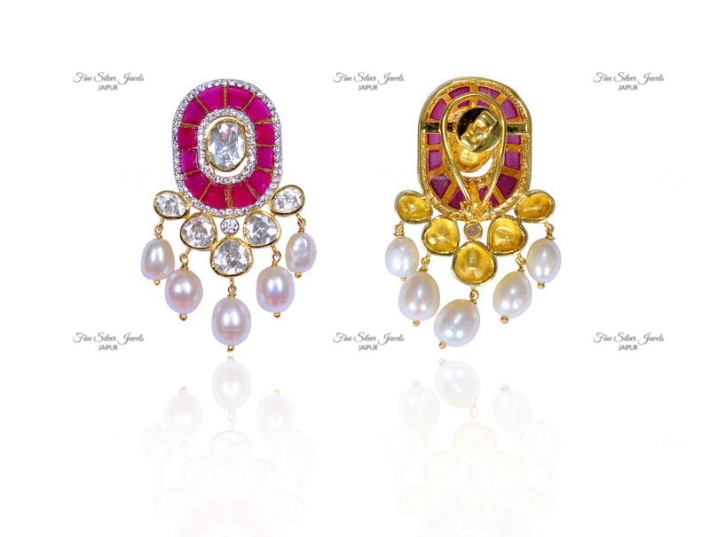 RED POLKI AND PEARL DROP EARRINGS finesilverjewels