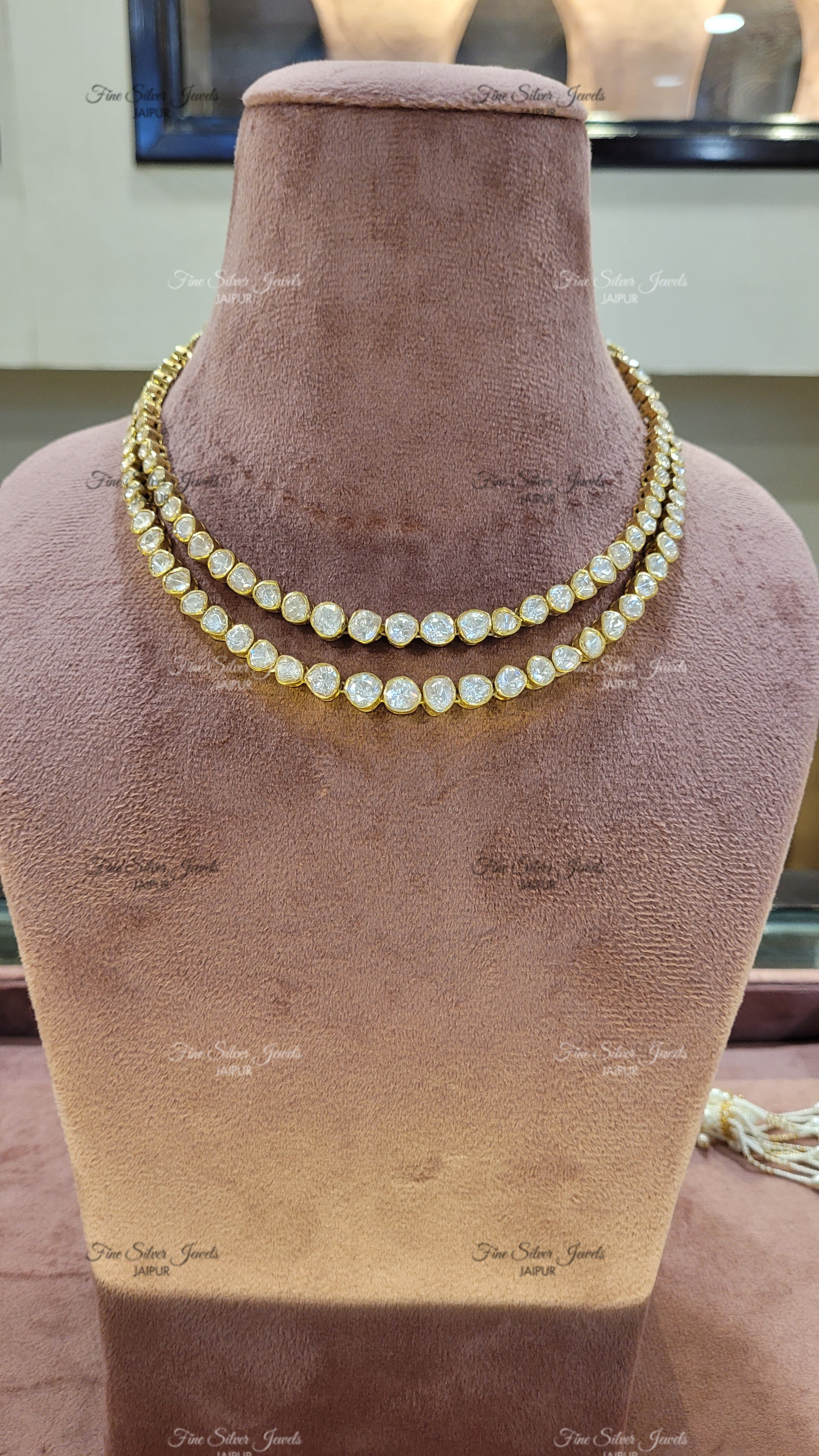 ELEGANT DOUBLE LINE POLKI NECKLACE finesilverjewels